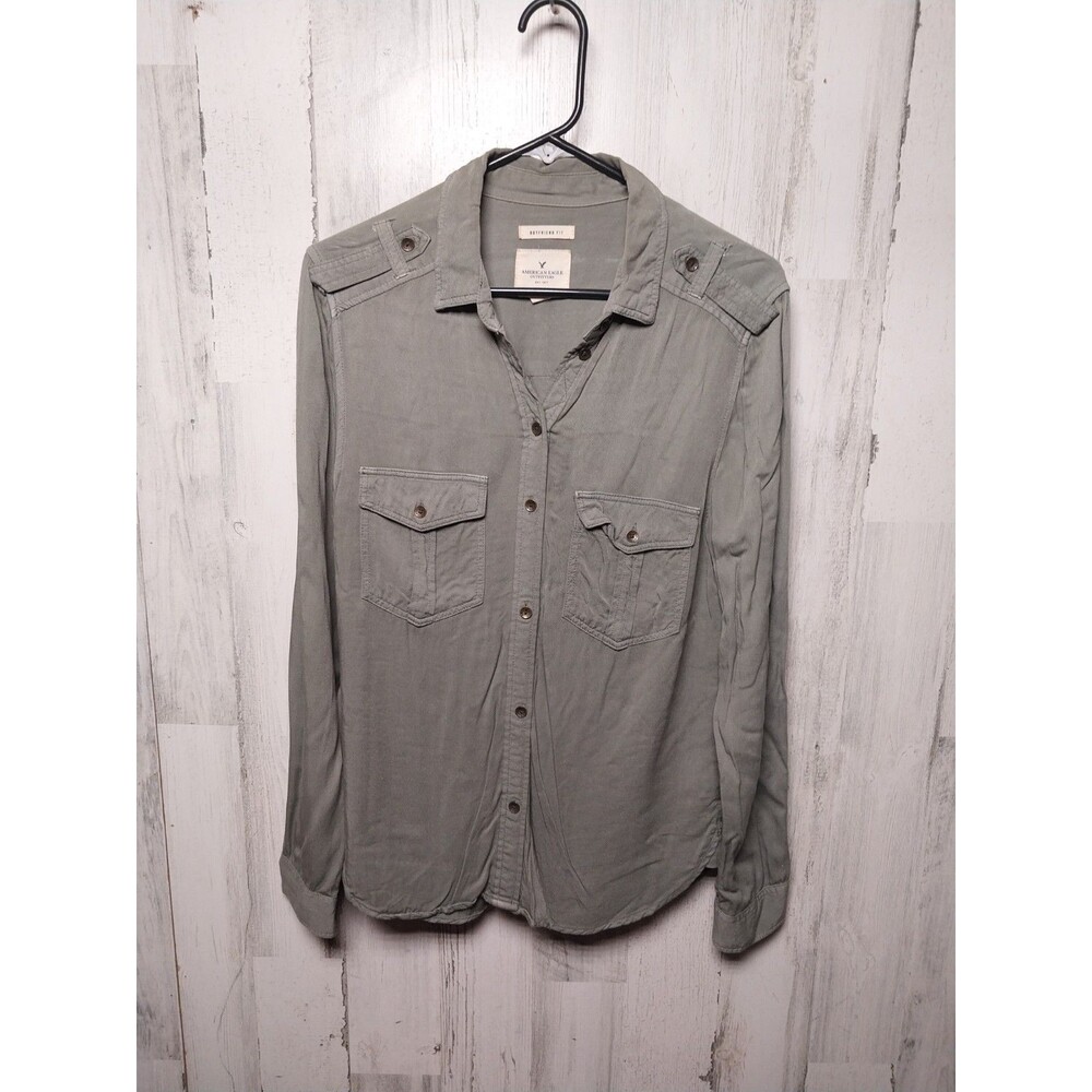 American Eagle Womens Small Boyfriend Fit Shirt Green Long Sleeve